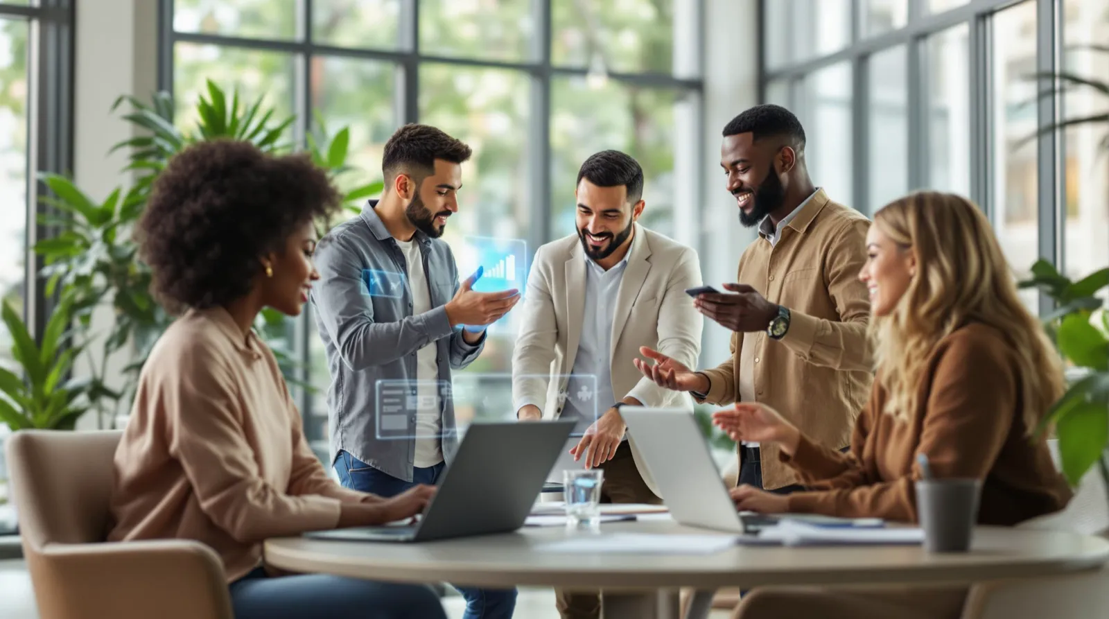 A team gathered around a table with laptops in a bright office