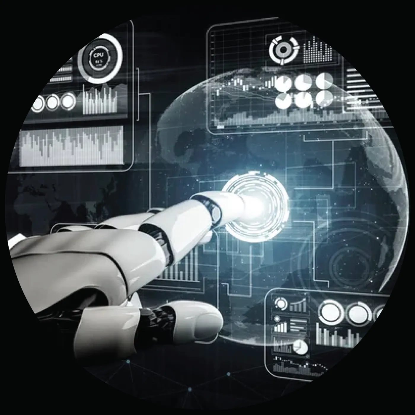 A robotic hand touching a glowing digital globe surrounded by data displays