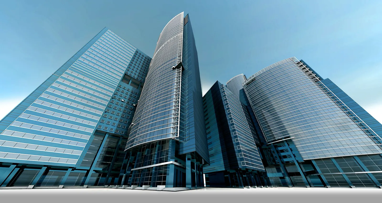 Glass office towers seen from street level