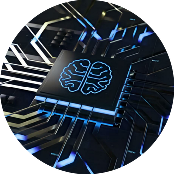 Graphic of circuitry with a core component depicting an AI's brain