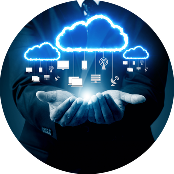 Suited individual extending his hands. Graphics of data clouds are illustrated in his hands. 